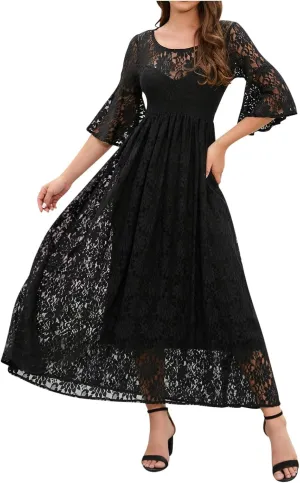JOAU Women's Crew Neck Ruffle Half Sleeve A Line Dress Cocktail Party Evening Prom Gown Wedding Guest Floral Lace Dresses