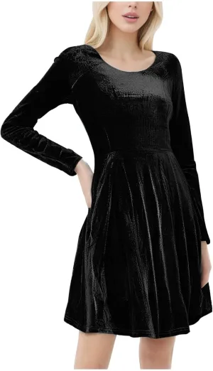 JOAU Women's Fall Winter Velvet Mini Dress 2024 Long Sleeve Crew Neck High Waist Ruffle A Line Flowy Cocktail Party Dresses
