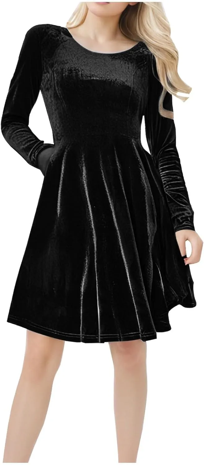 JOAU Women's Fall Winter Velvet Mini Dress 2024 Long Sleeve Crew Neck High Waist Ruffle A Line Flowy Cocktail Party Dresses