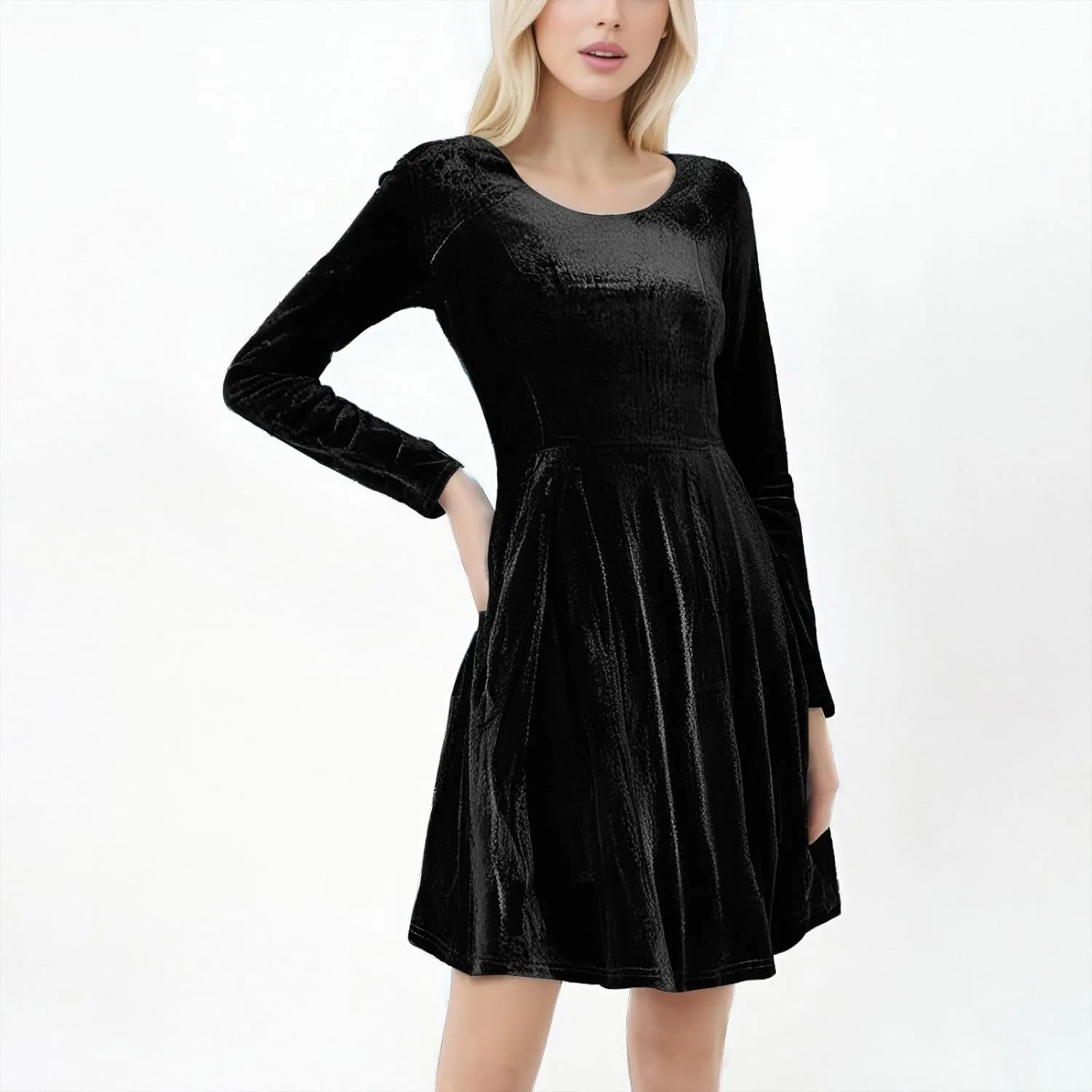 JOAU Women's Fall Winter Velvet Mini Dress 2024 Long Sleeve Crew Neck High Waist Ruffle A Line Flowy Cocktail Party Dresses