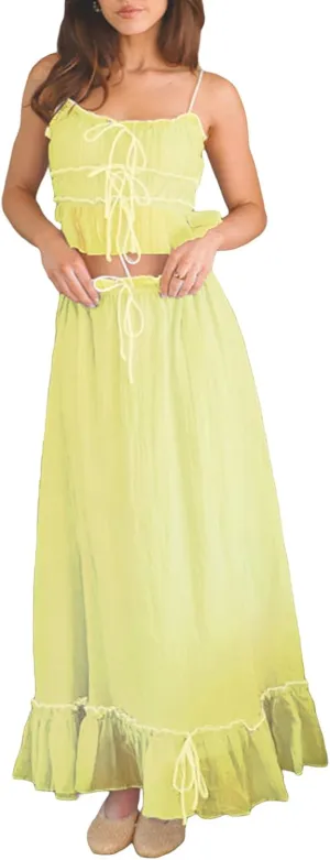 Juakoso Women Y2K 2 Piece Long Skirt Sets Low Cut Sleeveless Tops Flowy Ruffle Maxi Skirt Going Out Outfits Beachwear