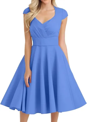 Kenvina 1950S Vintage Dress for Women Wrap V Neck Cap Sleeve Dress Retro Cocktail Party Swing Dresses A-Line Midi Dress