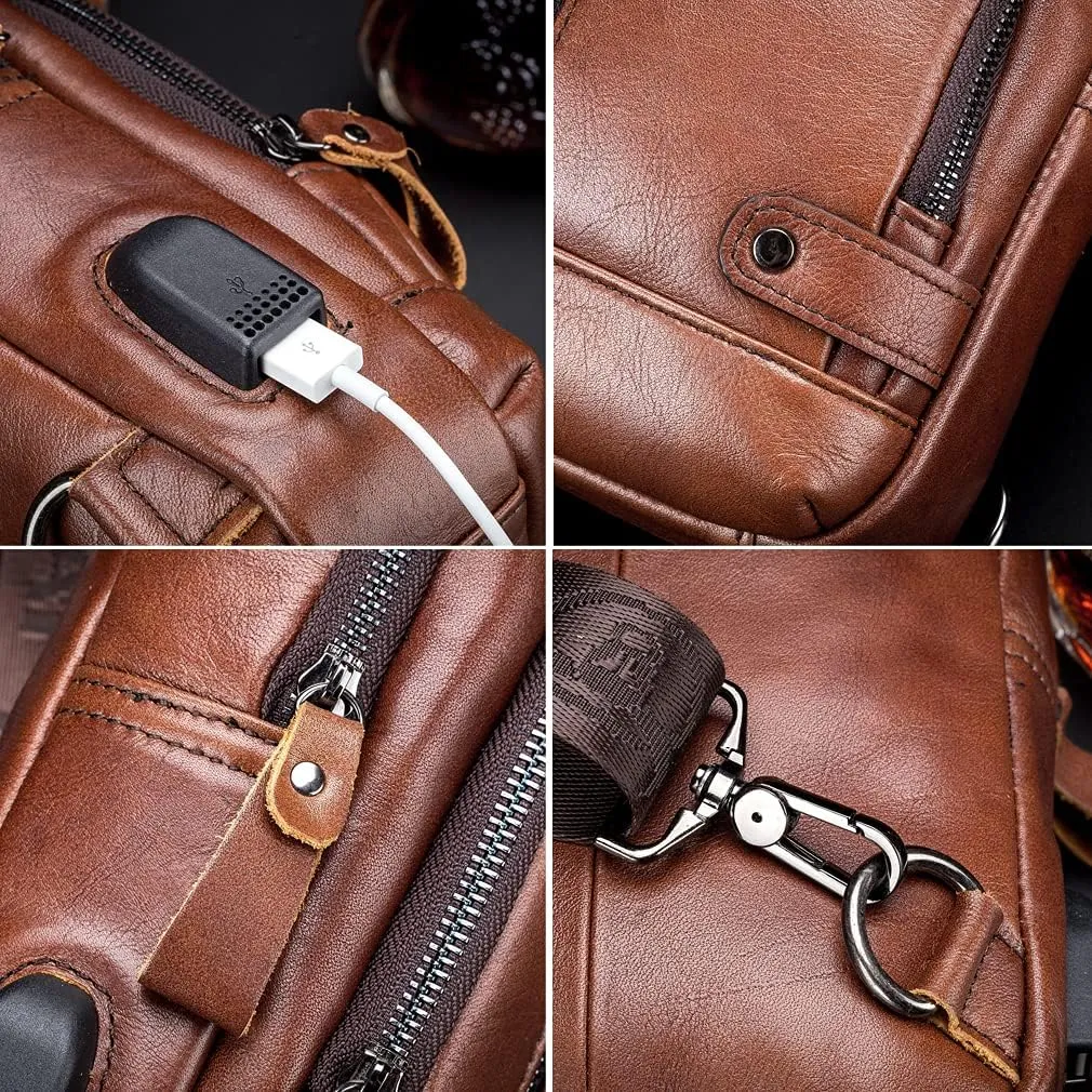 KPYWZER Vintage Leather Sling Bag Backpack for Men Crossbody Shoulder Chest Day Pack Backpacks