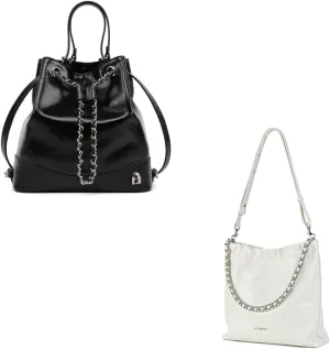 LA FESTIN Leather Purses for Women Cute Backpack Lightweight Shoulder Trendy Bucket - Handbags with Strap Silver Chain