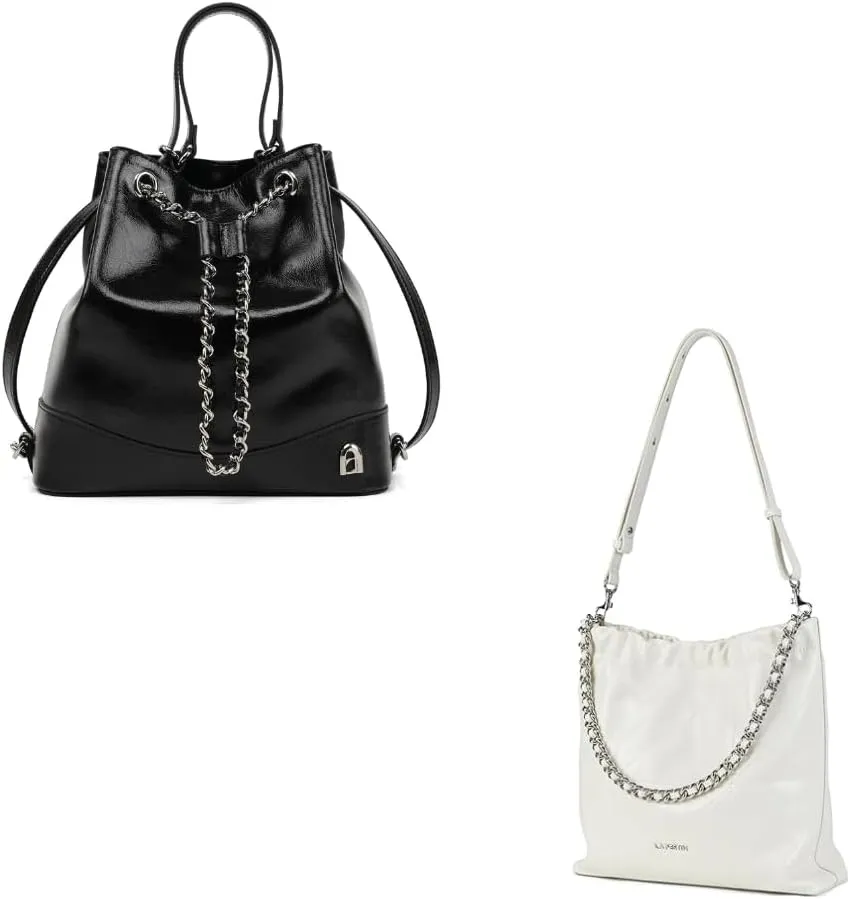 LA FESTIN Leather Purses for Women Cute Backpack Lightweight Shoulder Trendy Bucket - Handbags with Strap Silver Chain