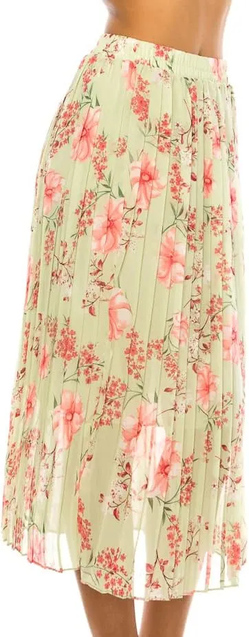 LA12ST Women Pleated A-Line High Waist Swing Flare Midi Skirt