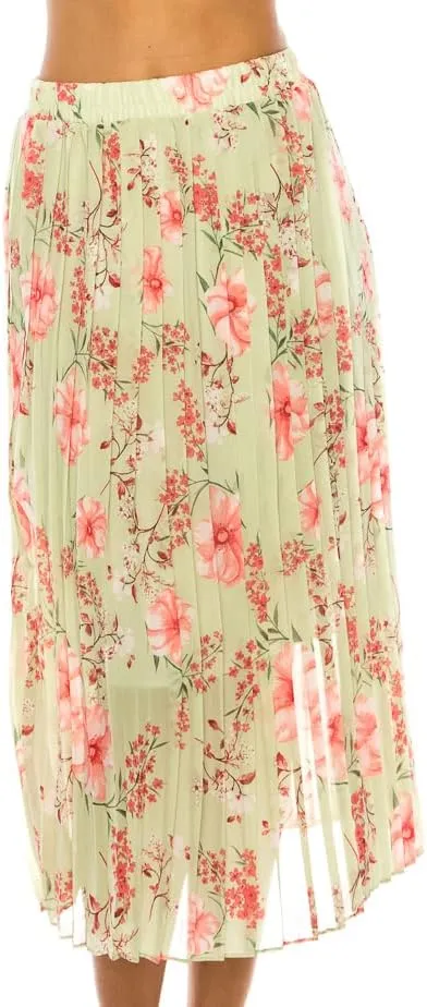 LA12ST Women Pleated A-Line High Waist Swing Flare Midi Skirt