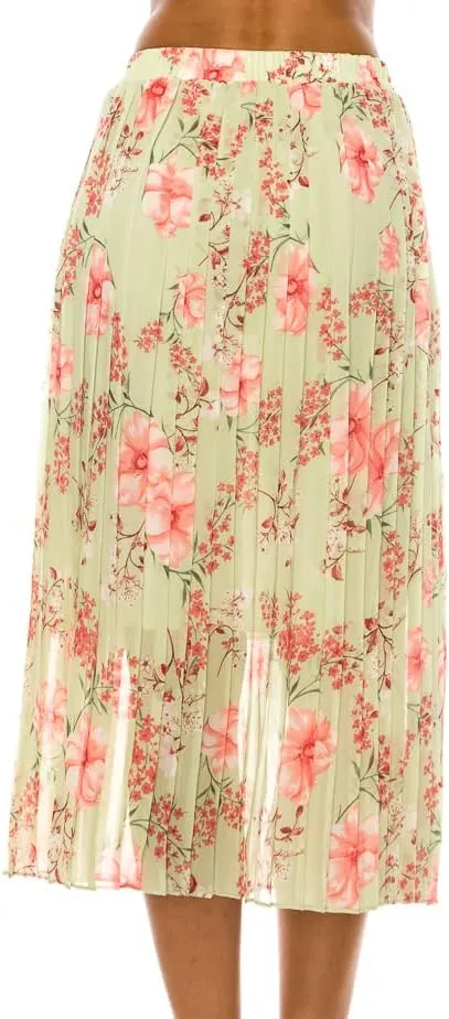 LA12ST Women Pleated A-Line High Waist Swing Flare Midi Skirt