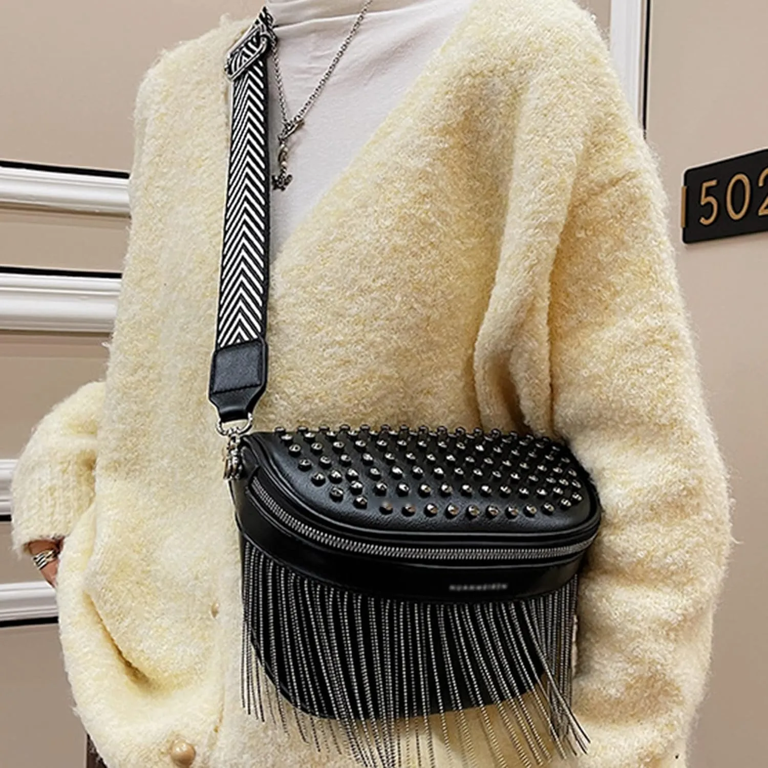 LABANCA Women Rivet Studded Zipper Pocket Shoulder Purse Faux Leather Waist Packs Rave Chest Bag Festival Fanny Bag Purse Black