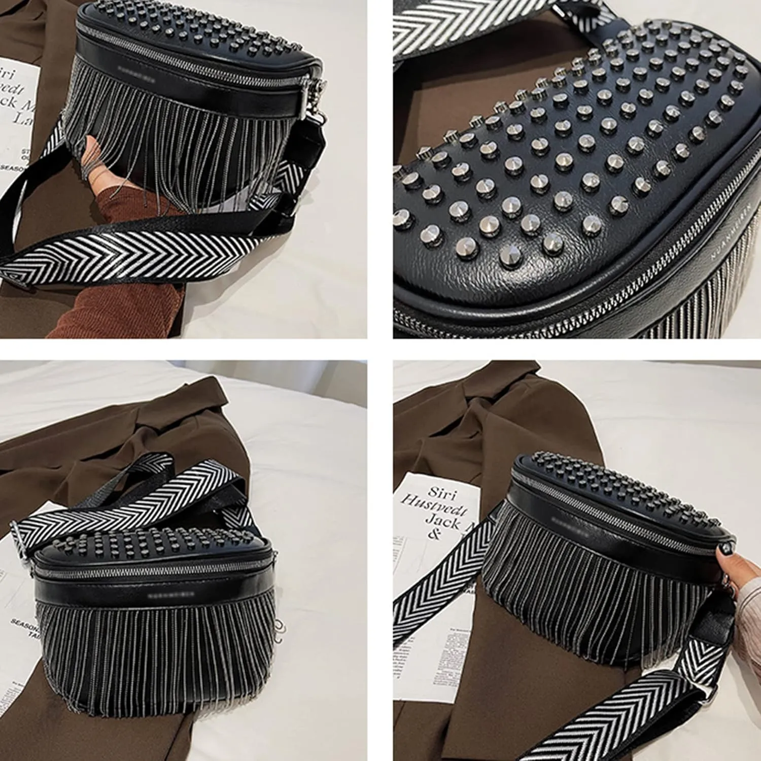 LABANCA Women Rivet Studded Zipper Pocket Shoulder Purse Faux Leather Waist Packs Rave Chest Bag Festival Fanny Bag Purse Black