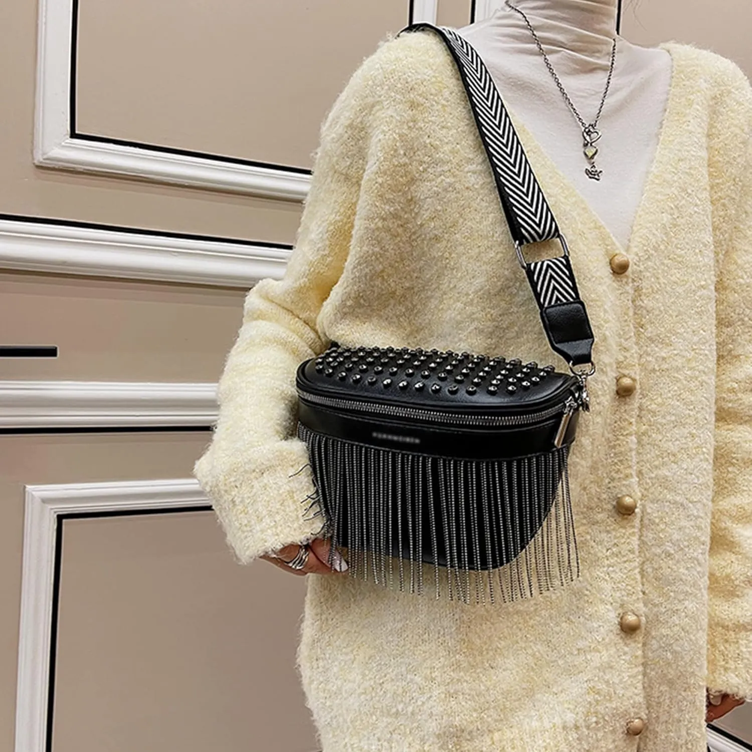LABANCA Women Rivet Studded Zipper Pocket Shoulder Purse Faux Leather Waist Packs Rave Chest Bag Festival Fanny Bag Purse Black