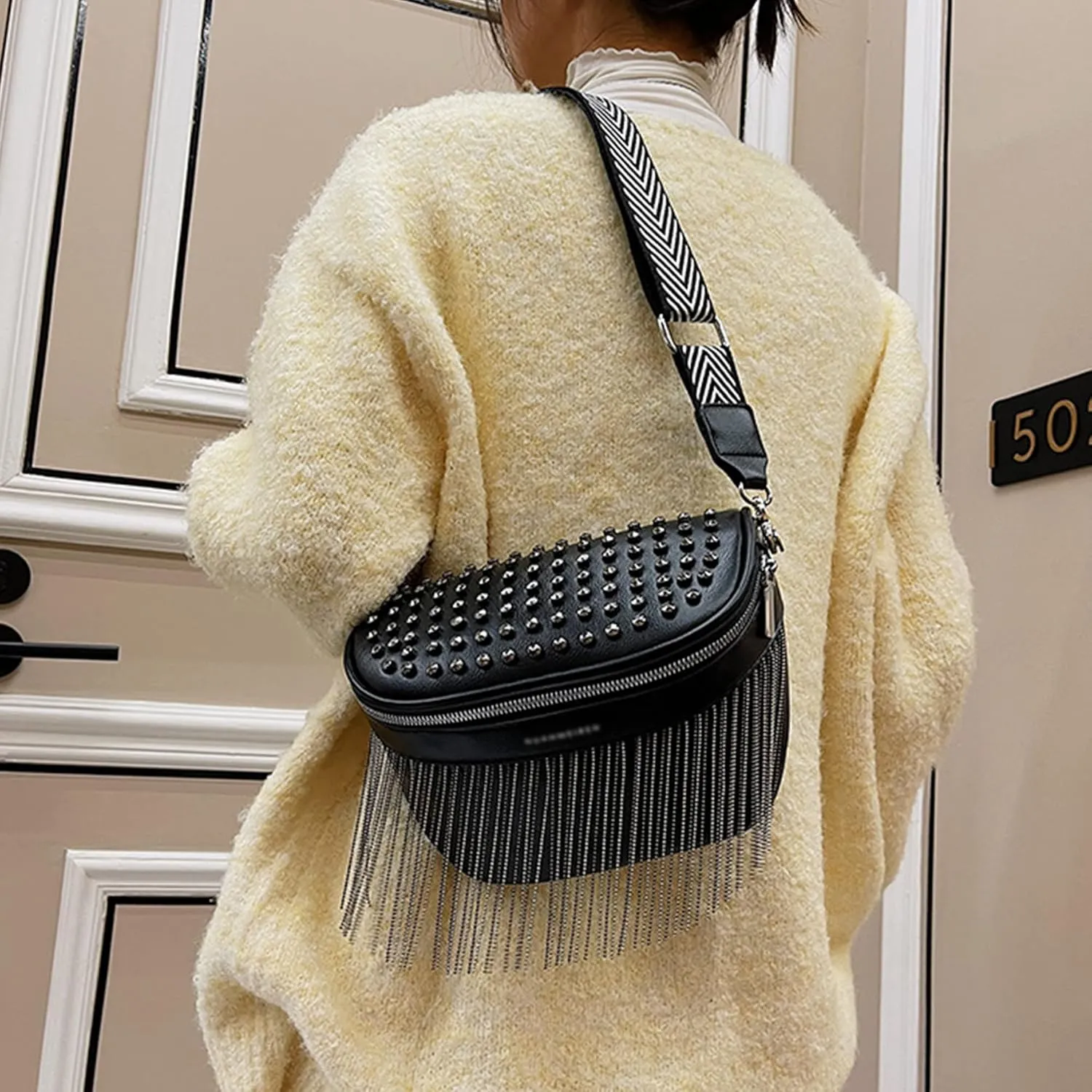LABANCA Women Rivet Studded Zipper Pocket Shoulder Purse Faux Leather Waist Packs Rave Chest Bag Festival Fanny Bag Purse Black
