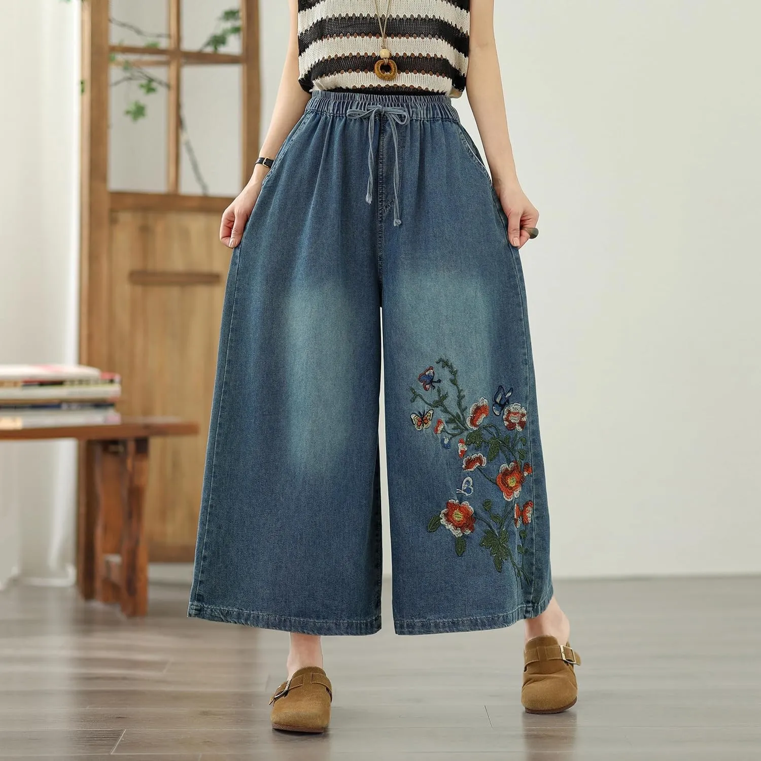 LAI MENG FIVE CATS Women's Embroidery Loose Elastic Waist Wide Leg Denim Pants with Pockets