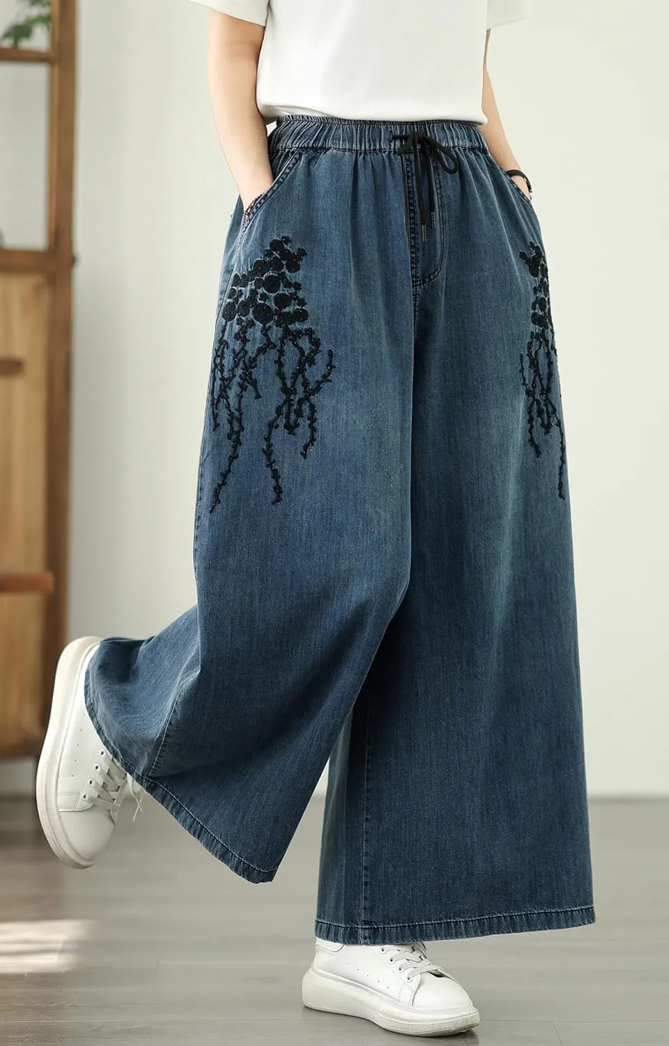 LAI MENG FIVE CATS Women's Embroidery Loose Elastic Waist Wide Leg Denim Pants with Pockets