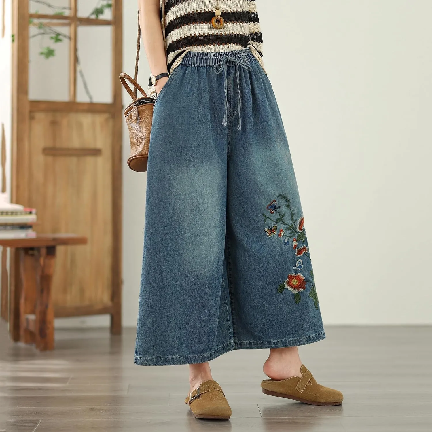 LAI MENG FIVE CATS Women's Embroidery Loose Elastic Waist Wide Leg Denim Pants with Pockets