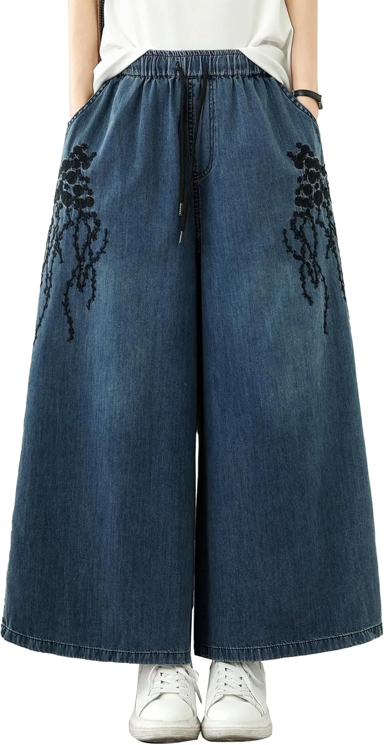 LAI MENG FIVE CATS Women's Embroidery Loose Elastic Waist Wide Leg Denim Pants with Pockets