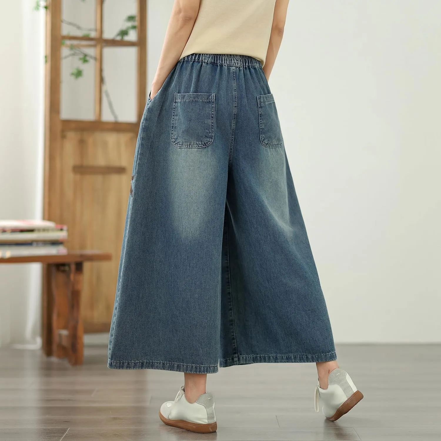 LAI MENG FIVE CATS Women's Embroidery Loose Elastic Waist Wide Leg Denim Pants with Pockets