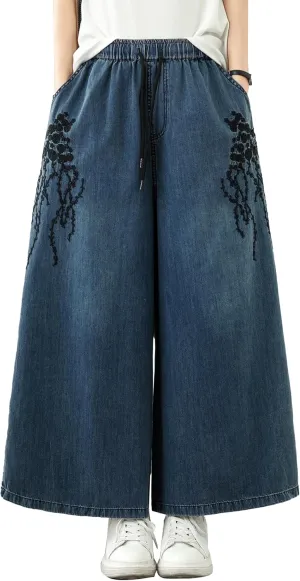 LAI MENG FIVE CATS Women's Embroidery Loose Elastic Waist Wide Leg Denim Pants with Pockets