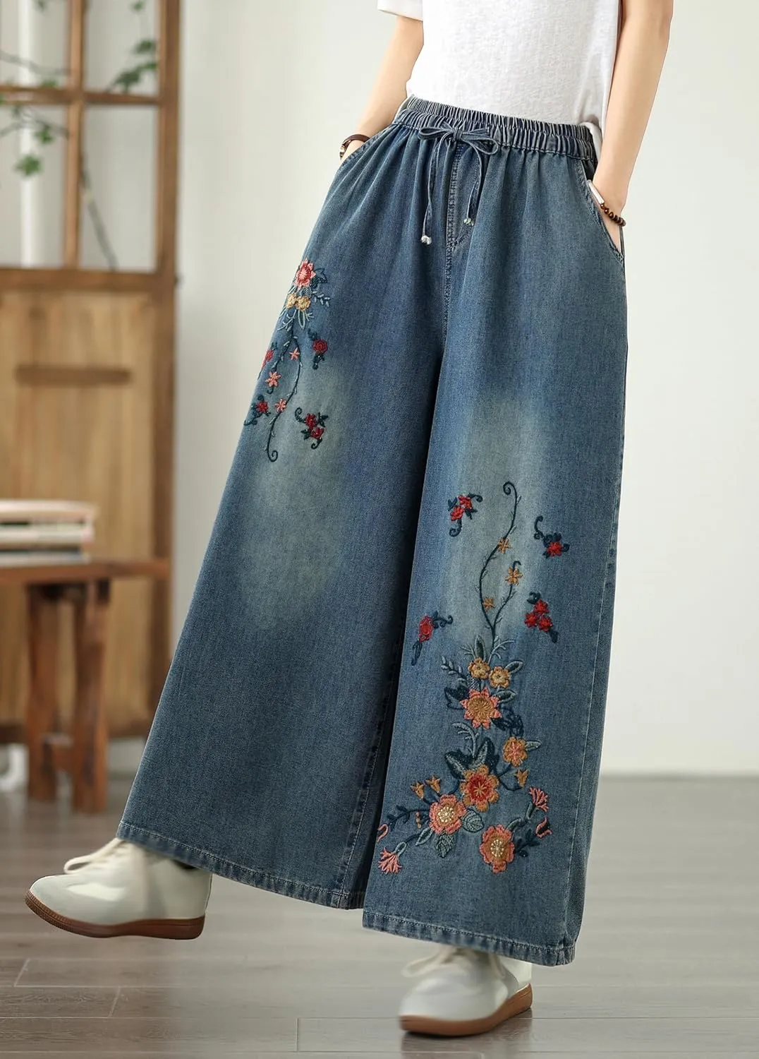 LAI MENG FIVE CATS Women's Embroidery Loose Elastic Waist Wide Leg Denim Pants with Pockets