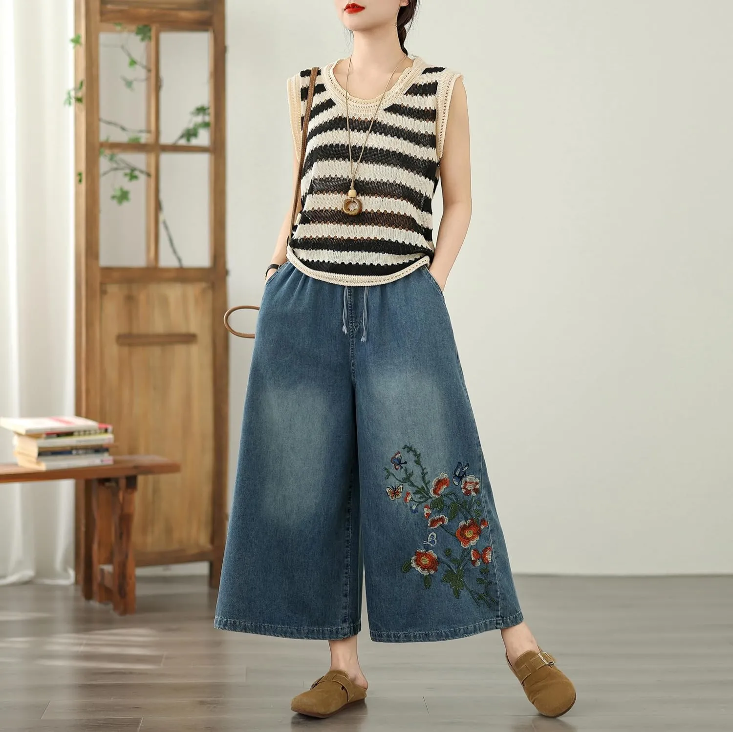 LAI MENG FIVE CATS Women's Embroidery Loose Elastic Waist Wide Leg Denim Pants with Pockets