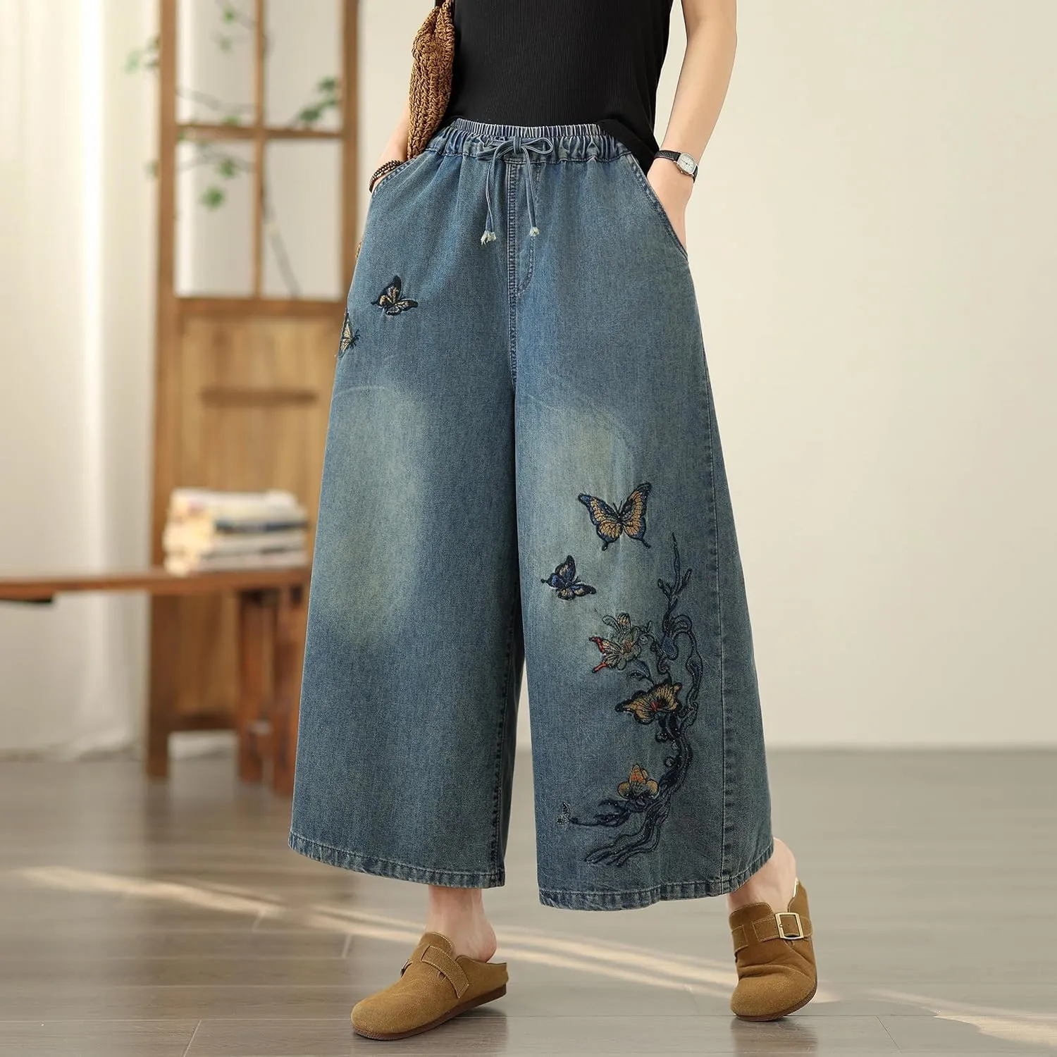 LAI MENG FIVE CATS Women's Embroidery Loose Elastic Waist Wide Leg Denim Pants with Pockets