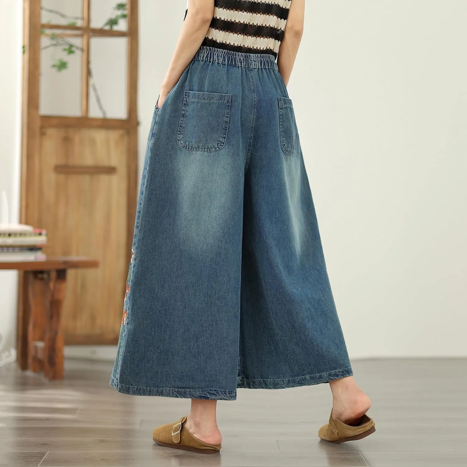 LAI MENG FIVE CATS Women's Embroidery Loose Elastic Waist Wide Leg Denim Pants with Pockets