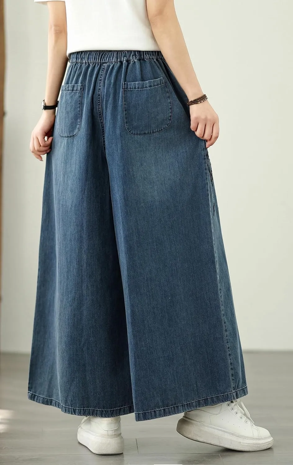 LAI MENG FIVE CATS Women's Embroidery Loose Elastic Waist Wide Leg Denim Pants with Pockets