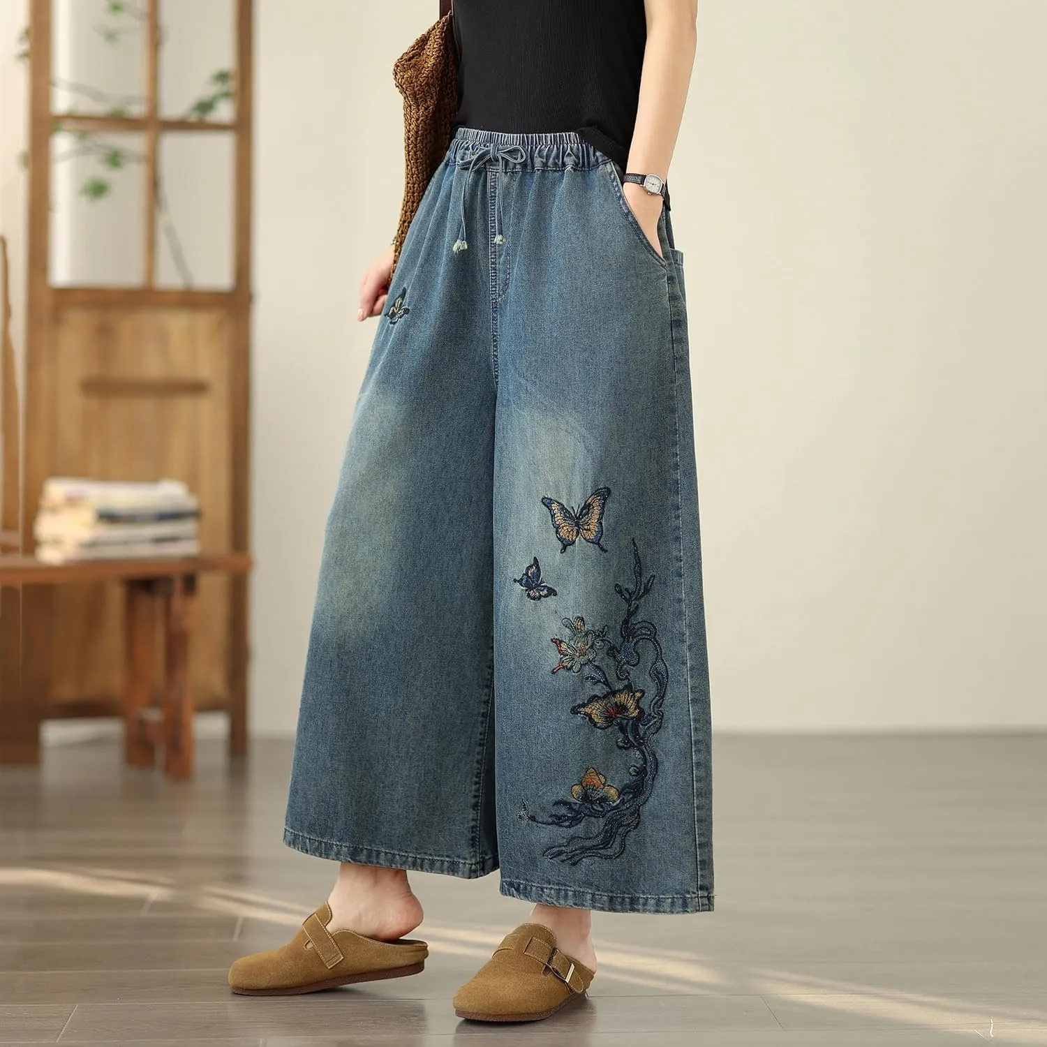 LAI MENG FIVE CATS Women's Embroidery Loose Elastic Waist Wide Leg Denim Pants with Pockets