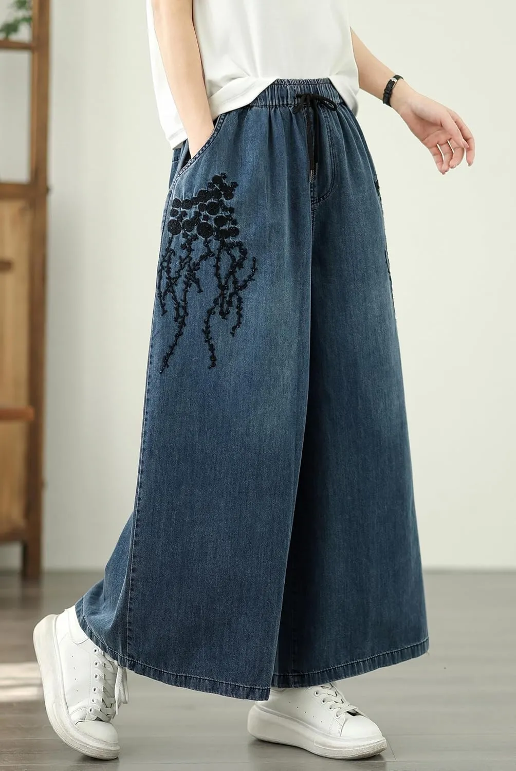 LAI MENG FIVE CATS Women's Embroidery Loose Elastic Waist Wide Leg Denim Pants with Pockets