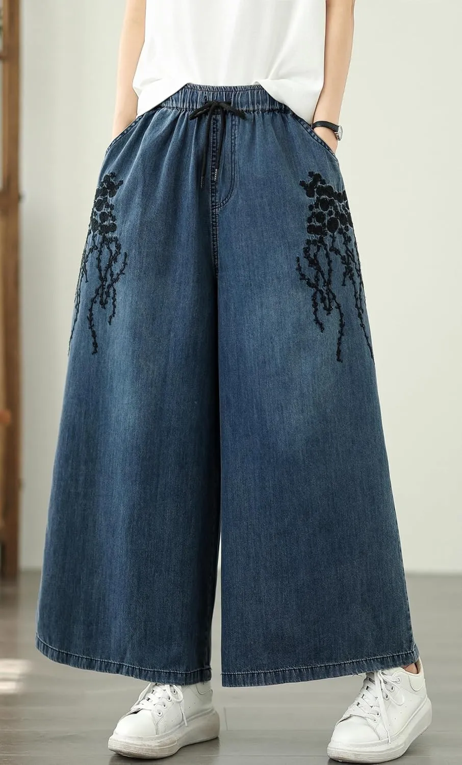 LAI MENG FIVE CATS Women's Embroidery Loose Elastic Waist Wide Leg Denim Pants with Pockets