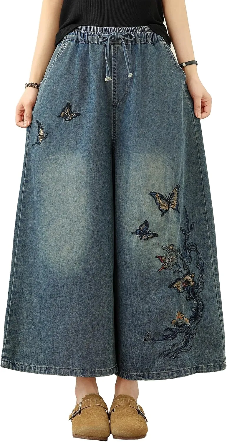 LAI MENG FIVE CATS Women's Embroidery Loose Elastic Waist Wide Leg Denim Pants with Pockets