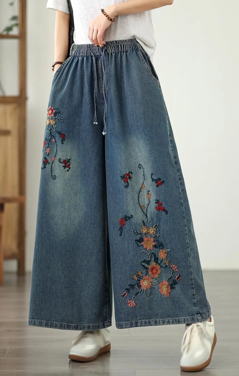LAI MENG FIVE CATS Women's Embroidery Loose Elastic Waist Wide Leg Denim Pants with Pockets