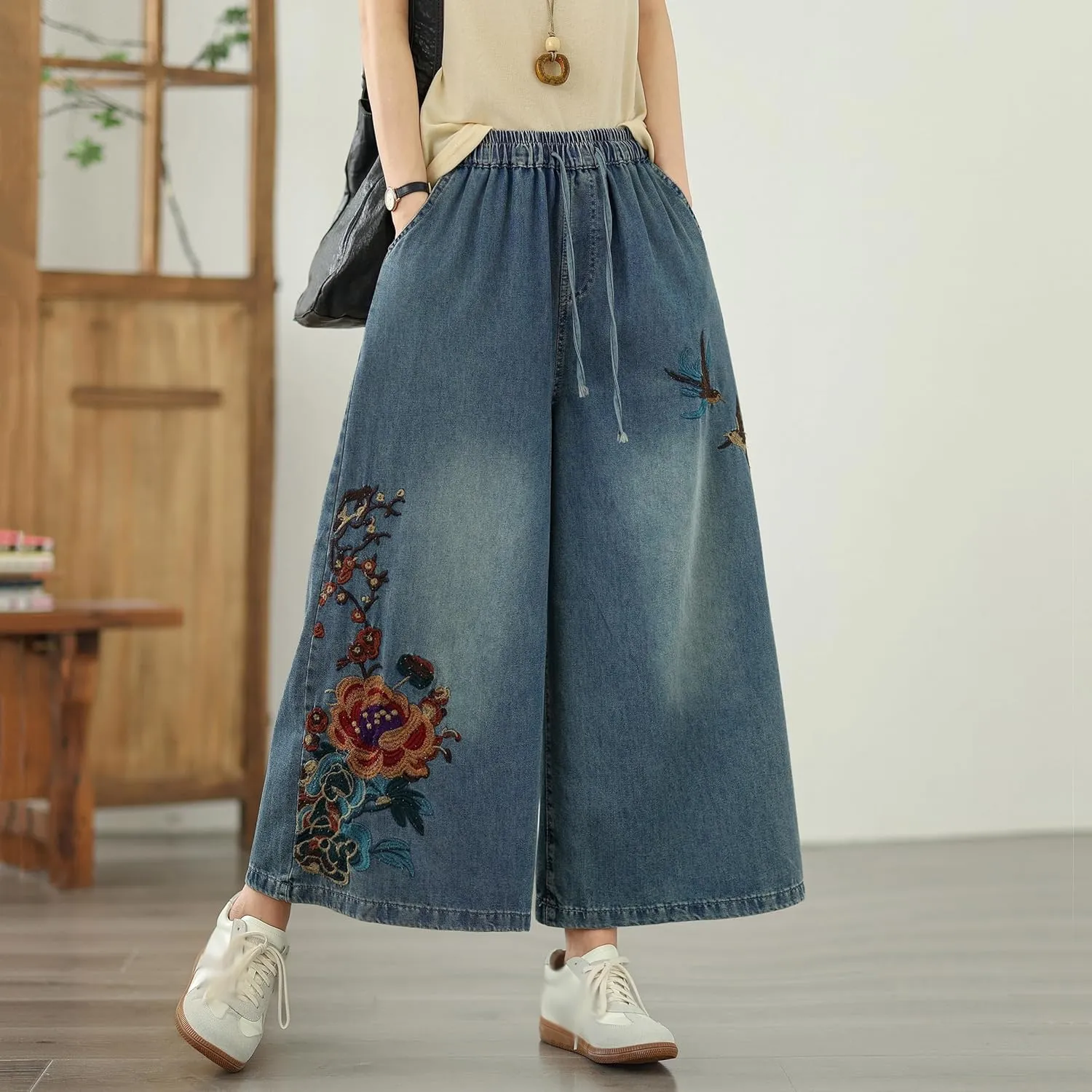 LAI MENG FIVE CATS Women's Embroidery Loose Elastic Waist Wide Leg Denim Pants with Pockets