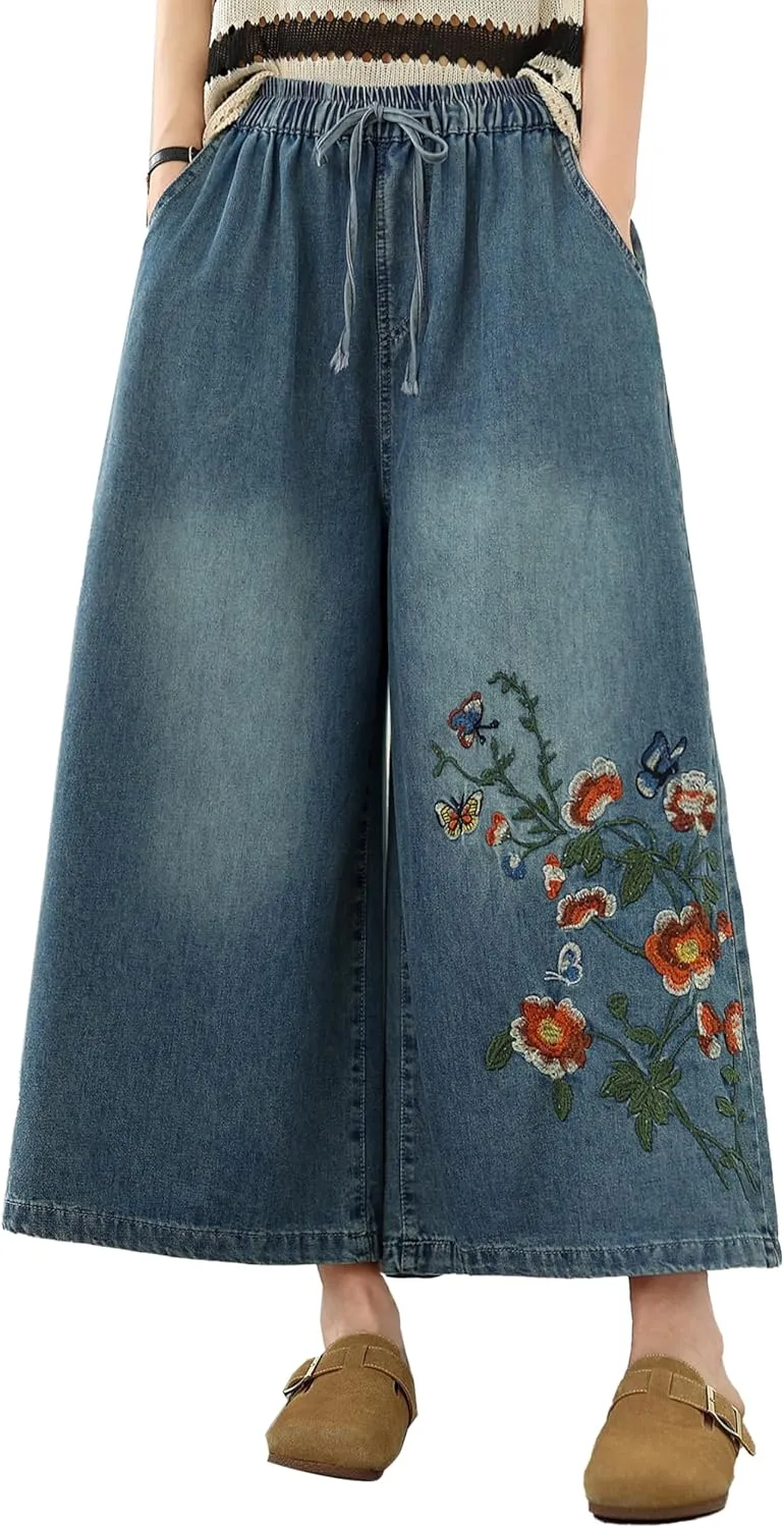 LAI MENG FIVE CATS Women's Embroidery Loose Elastic Waist Wide Leg Denim Pants with Pockets