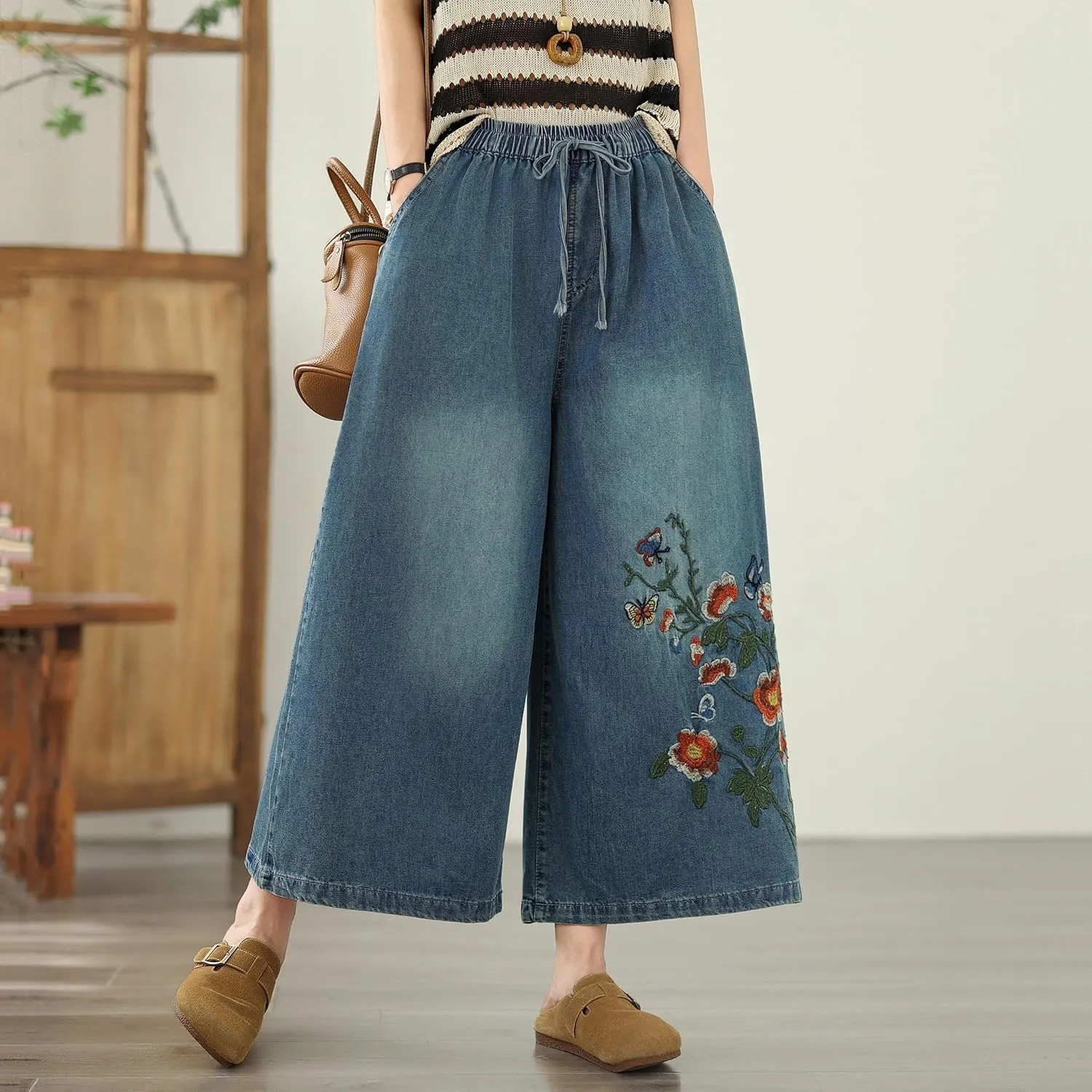 LAI MENG FIVE CATS Women's Embroidery Loose Elastic Waist Wide Leg Denim Pants with Pockets