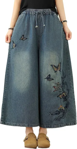 LAI MENG FIVE CATS Women's Embroidery Loose Elastic Waist Wide Leg Denim Pants with Pockets