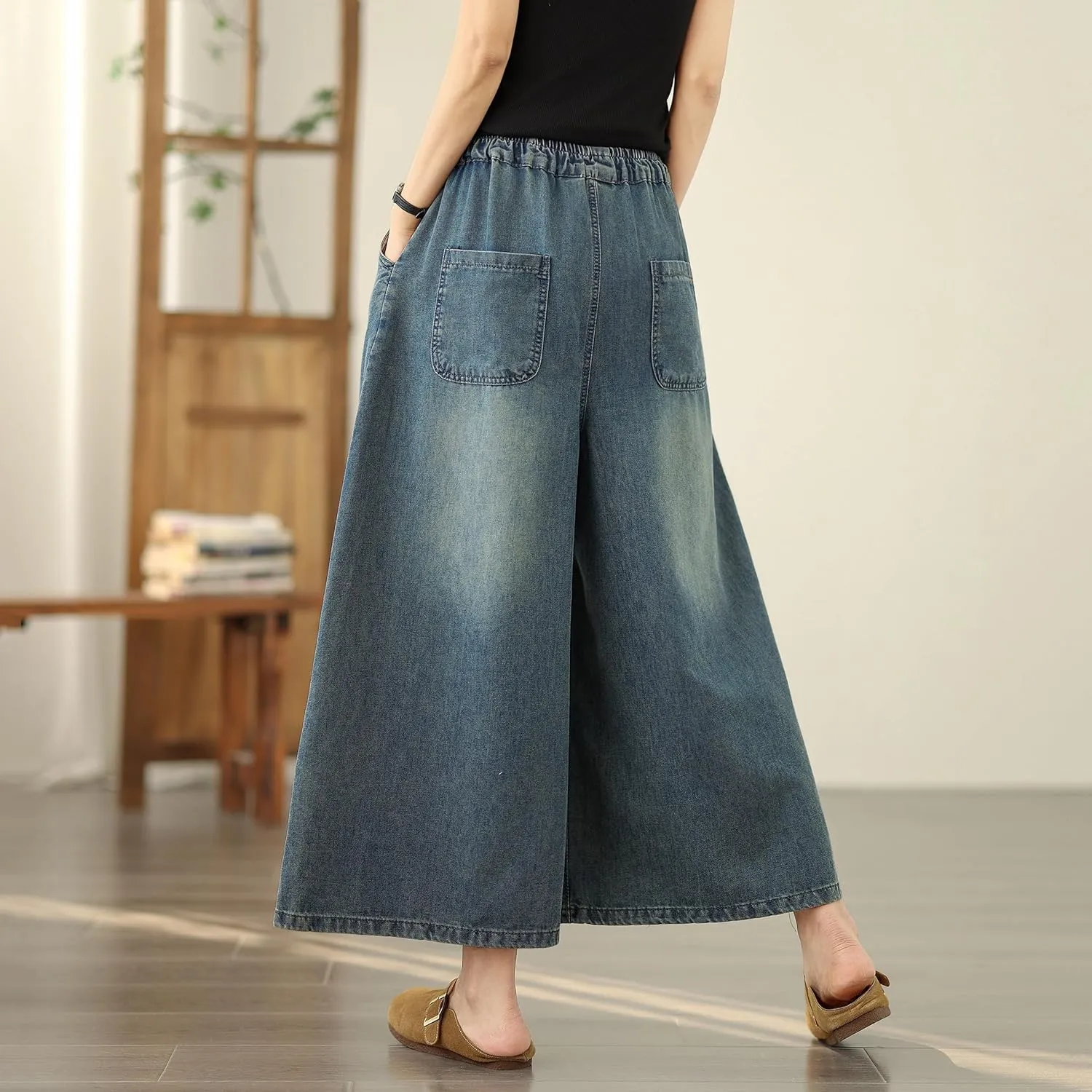 LAI MENG FIVE CATS Women's Embroidery Loose Elastic Waist Wide Leg Denim Pants with Pockets