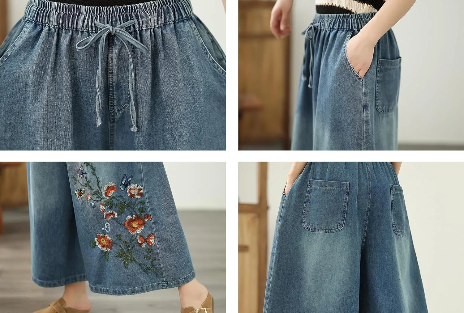 LAI MENG FIVE CATS Women's Embroidery Loose Elastic Waist Wide Leg Denim Pants with Pockets
