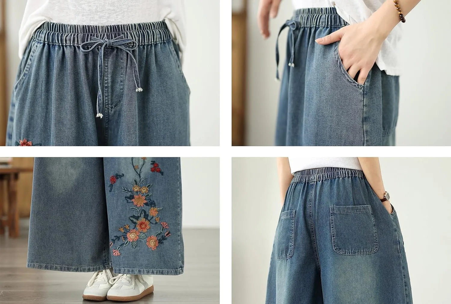 LAI MENG FIVE CATS Women's Embroidery Loose Elastic Waist Wide Leg Denim Pants with Pockets