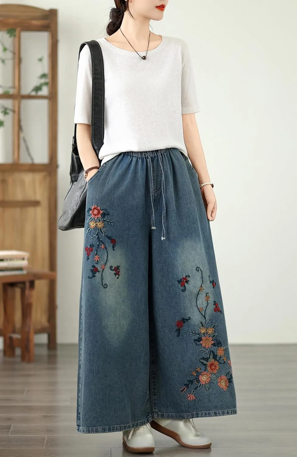 LAI MENG FIVE CATS Women's Embroidery Loose Elastic Waist Wide Leg Denim Pants with Pockets