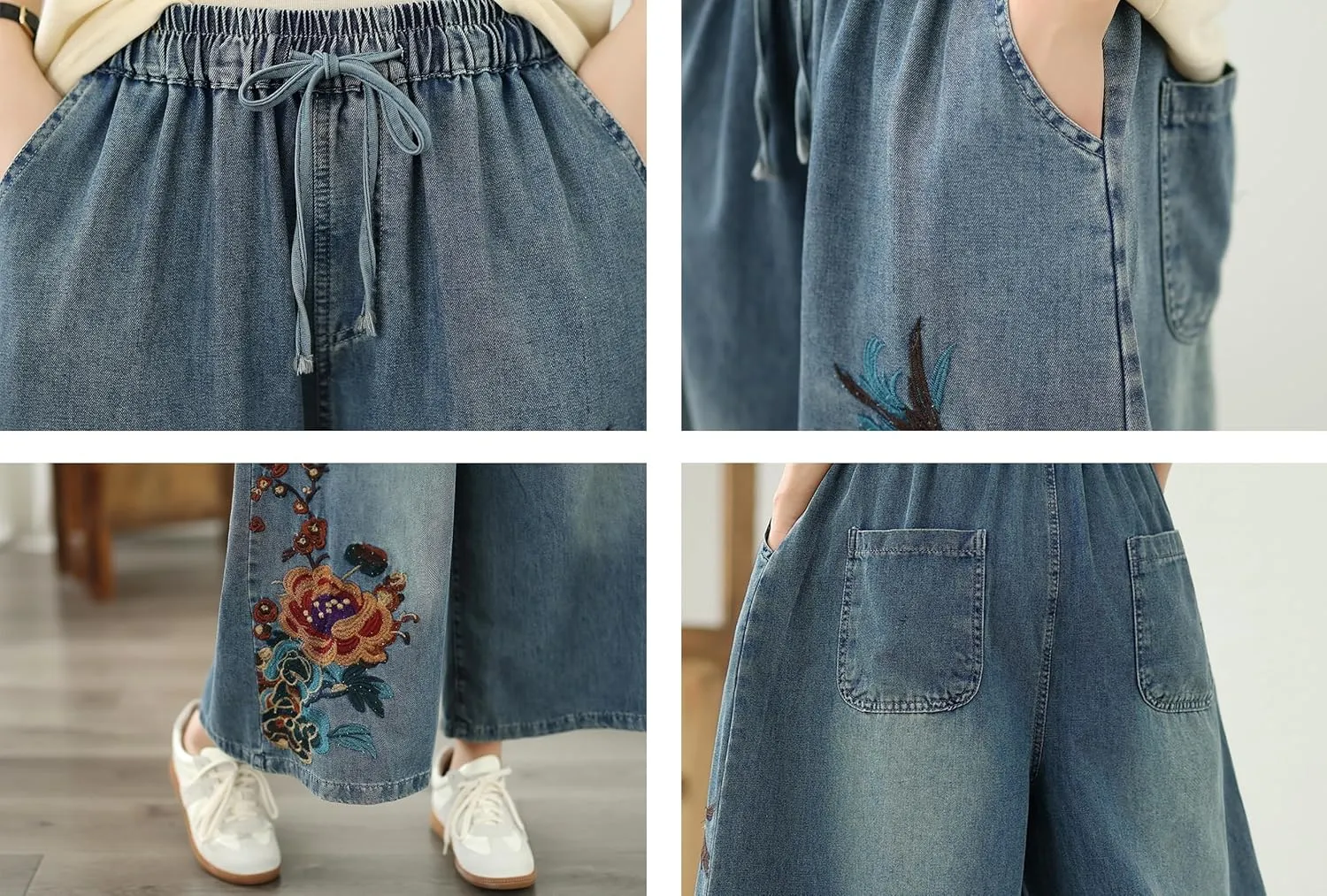 LAI MENG FIVE CATS Women's Embroidery Loose Elastic Waist Wide Leg Denim Pants with Pockets