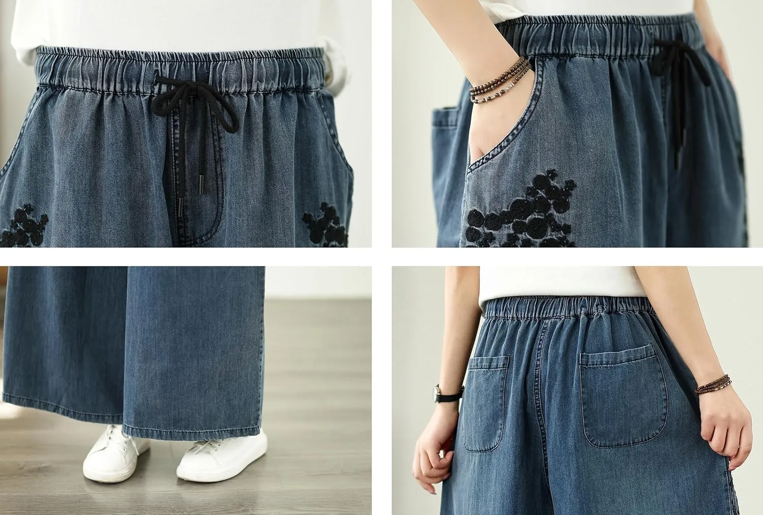 LAI MENG FIVE CATS Women's Embroidery Loose Elastic Waist Wide Leg Denim Pants with Pockets
