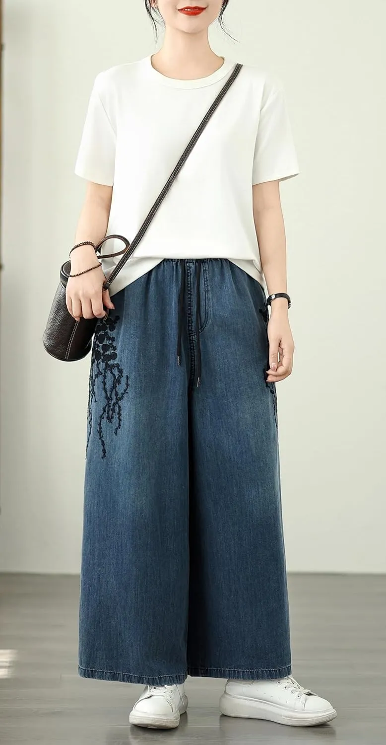 LAI MENG FIVE CATS Women's Embroidery Loose Elastic Waist Wide Leg Denim Pants with Pockets