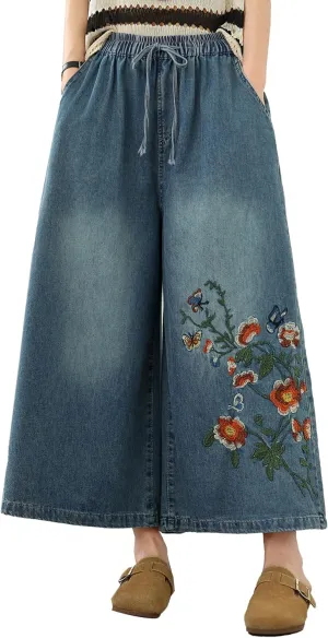 LAI MENG FIVE CATS Women's Embroidery Loose Elastic Waist Wide Leg Denim Pants with Pockets