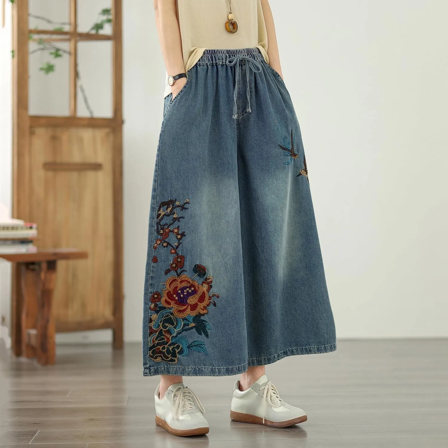 LAI MENG FIVE CATS Women's Embroidery Loose Elastic Waist Wide Leg Denim Pants with Pockets