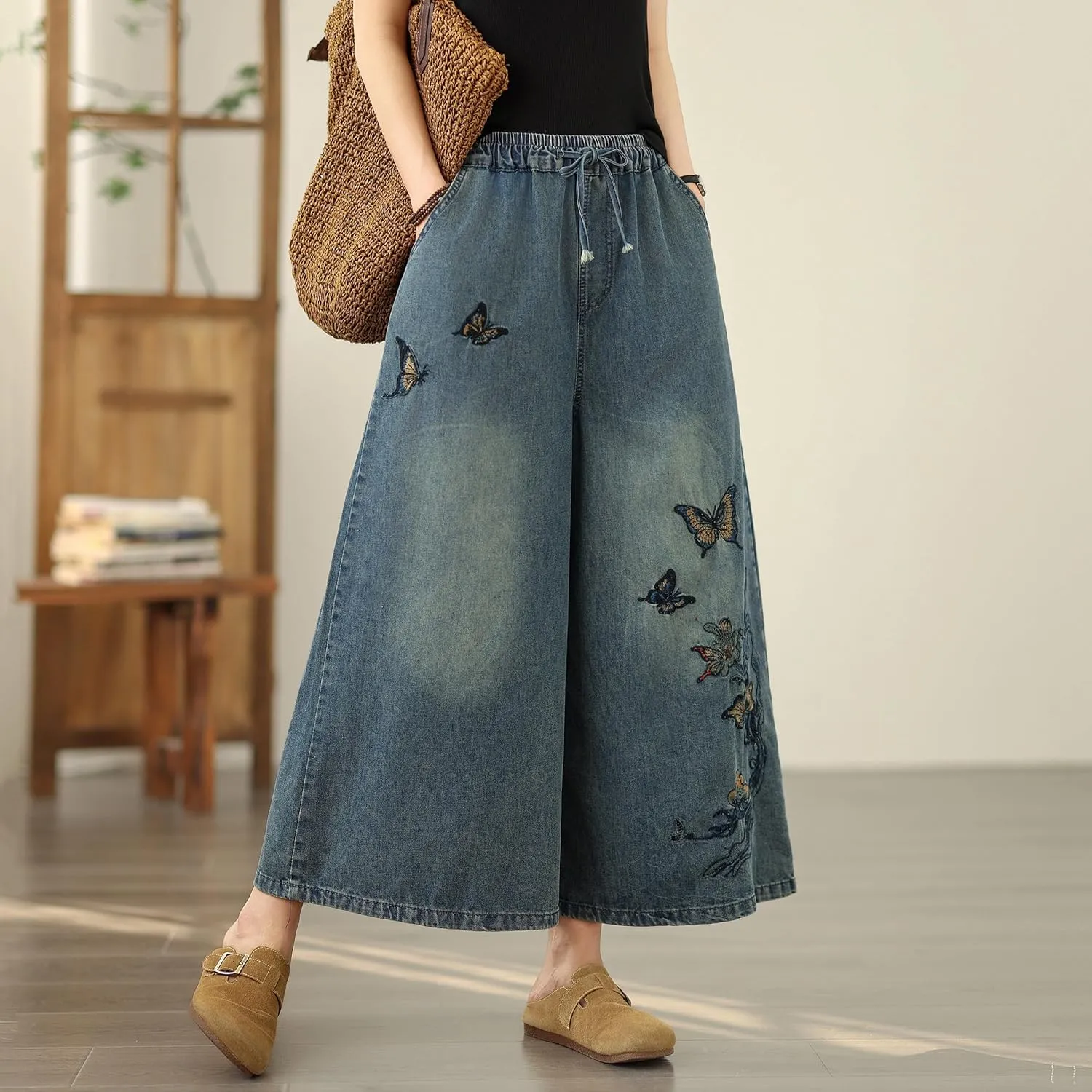 LAI MENG FIVE CATS Women's Embroidery Loose Elastic Waist Wide Leg Denim Pants with Pockets