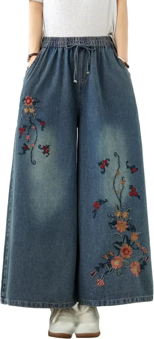 LAI MENG FIVE CATS Women's Embroidery Loose Elastic Waist Wide Leg Denim Pants with Pockets