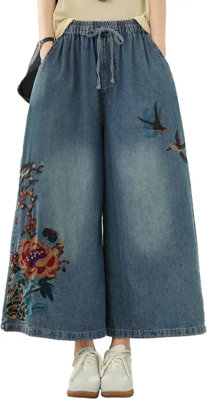 LAI MENG FIVE CATS Women's Embroidery Loose Elastic Waist Wide Leg Denim Pants with Pockets
