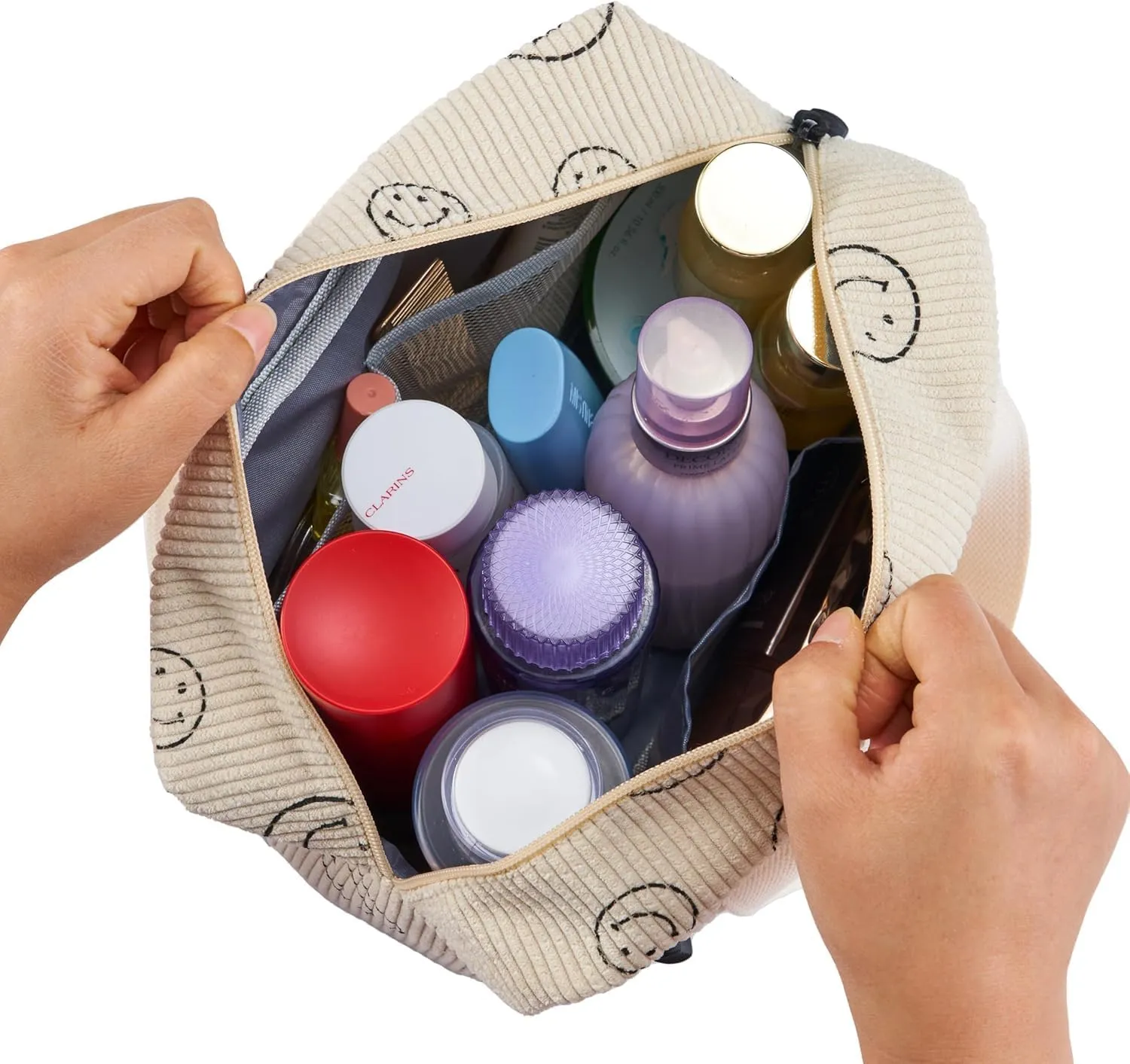 Large Makeup Bag for Women-Cute Corduroy Cosmetic bag Smile Face Makeup bag Zipper Pouch Corduroy Cosmetic Organizer Hanging Toiletry Bag for Women Travel