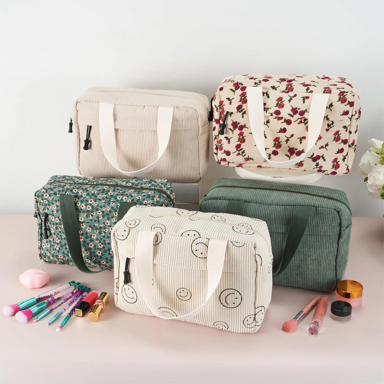 Large Makeup Bag for Women-Cute Corduroy Cosmetic bag Smile Face Makeup bag Zipper Pouch Corduroy Cosmetic Organizer Hanging Toiletry Bag for Women Travel